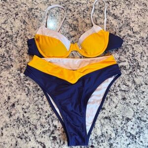 Cupshe Colorblock Underwire Bikini Set Navy Yellow Pink Medium